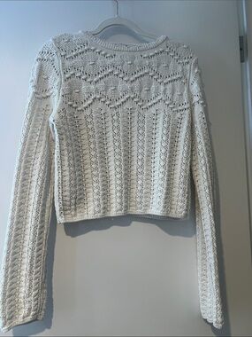 Mango Cream Openwork Knit Crewneck Sweater